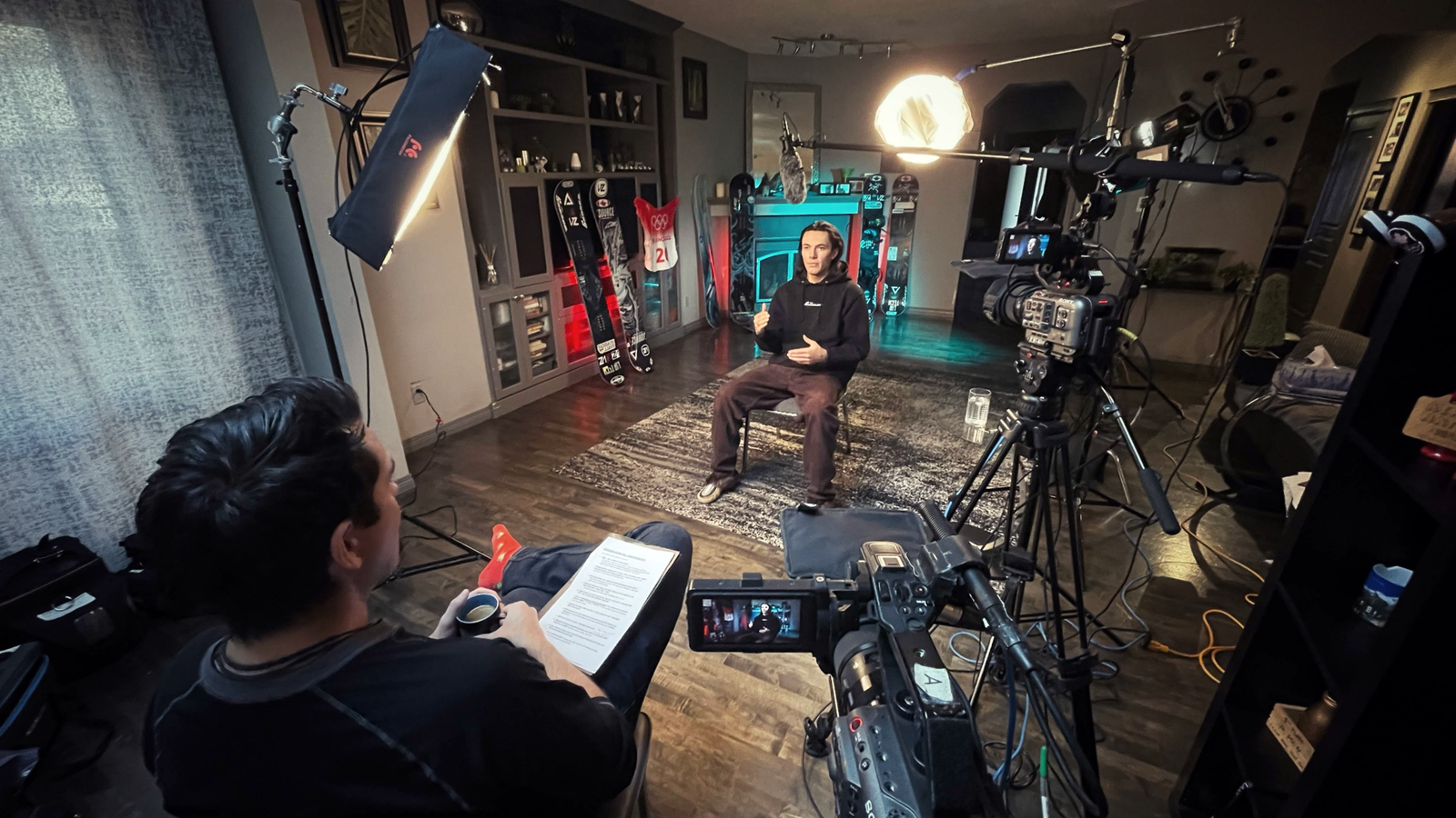 Indigifilm filmed interview with pro snowboarder Liam Gill, interviewer Kelvin Redvers.